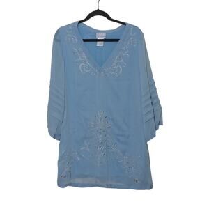 Soft Surroundings Womens Tunic Dress Ice Blue Floral V Neck Metallic Eyelets L